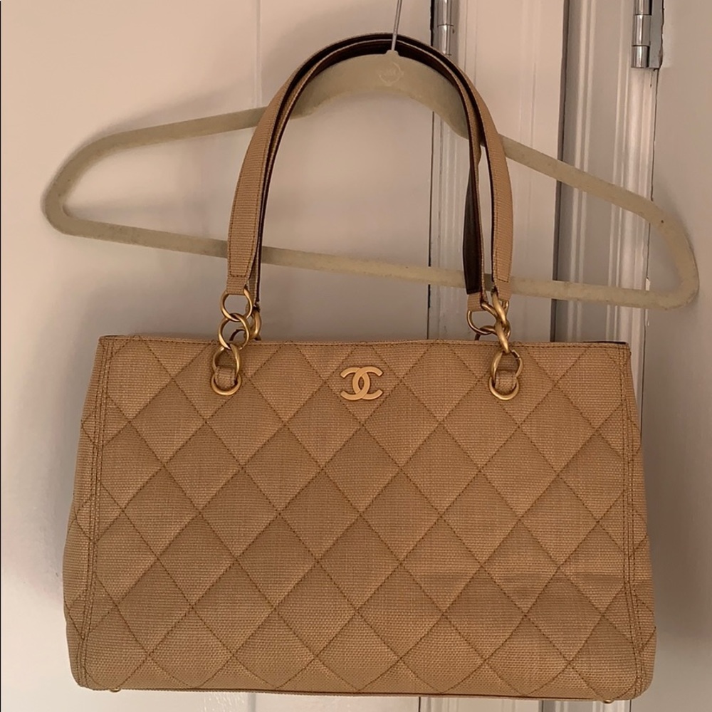 Authentic CHANEL beige canvas tote bag 15 L × 9 1/2  tall - Picture 3 of 13